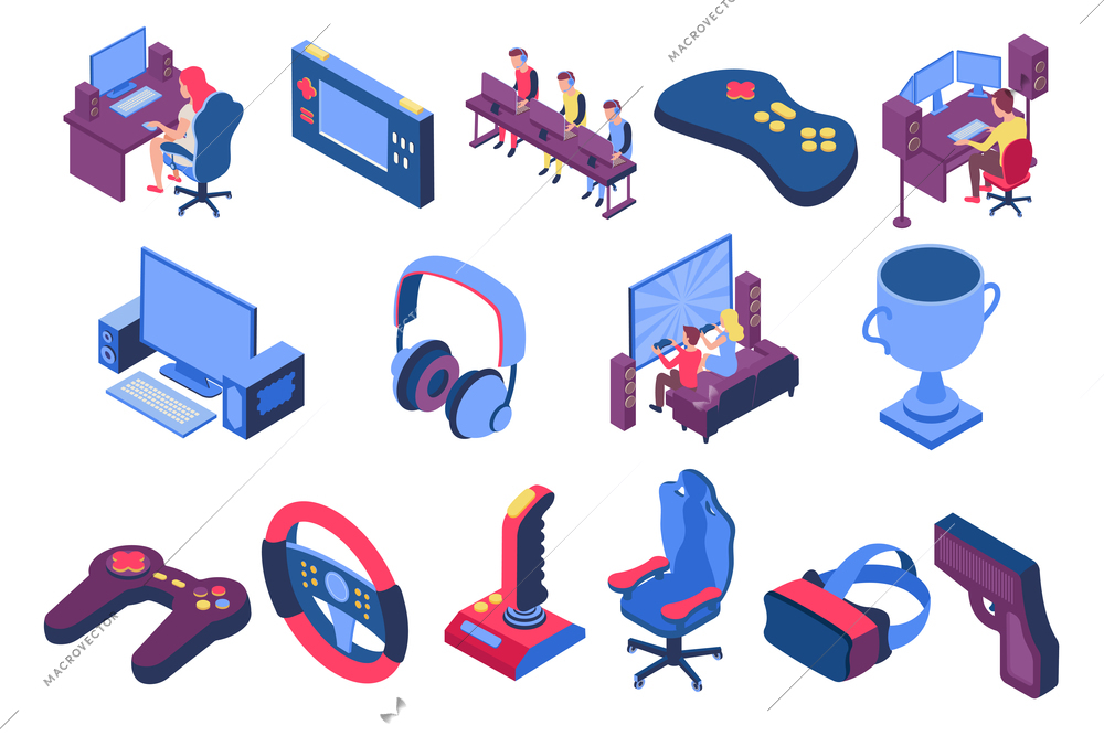 Esport isometric icons set with gamers and equipment for playing computer games 3d isolated on white background vector illustration