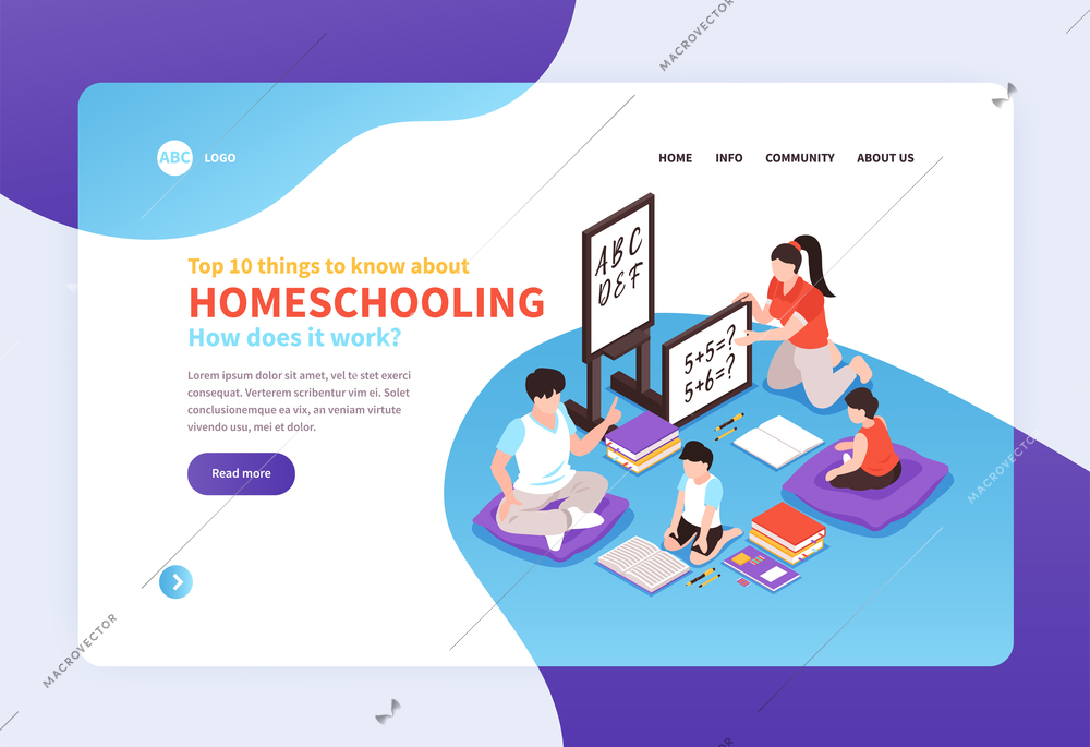 Home schooling isometric page design with online education symbols vector illustration