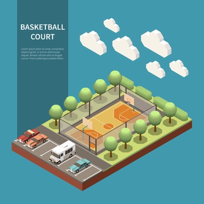 Isometric outdoor basketball sport field and automobiles parked next to it 3d vector illustration