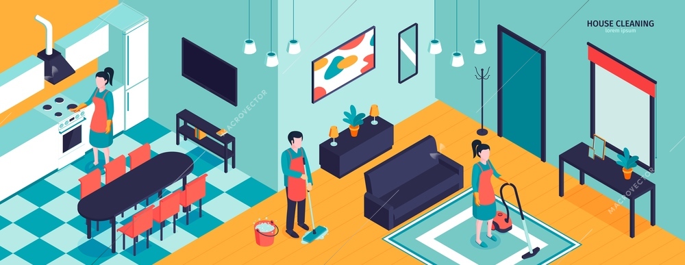 Isometric cleaning horizontal composition with indoor scenery of apartment with workers of cleaning service in uniform vector illustration