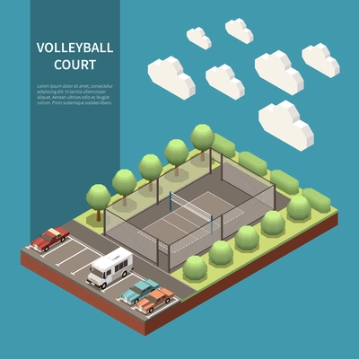 Isometric composition with outdoor volleyball sport field and parking zone 3d vector illustration