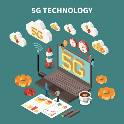 3d laptop with 5g internet technology isometric composition vector illustration