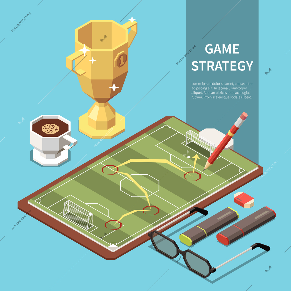 Football game strategy on sheet of paper pencil markers glasses cup on blue background 3d isometric vector illustration