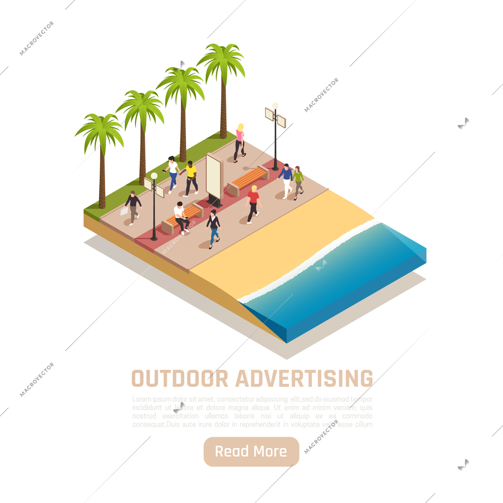 Outdoor advertisement isometric background with coastline and trees with empty advertising panels and people walking around vector illustration