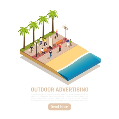 Outdoor advertisement isometric background with coastline and trees with empty advertising panels and people walking around vector illustration