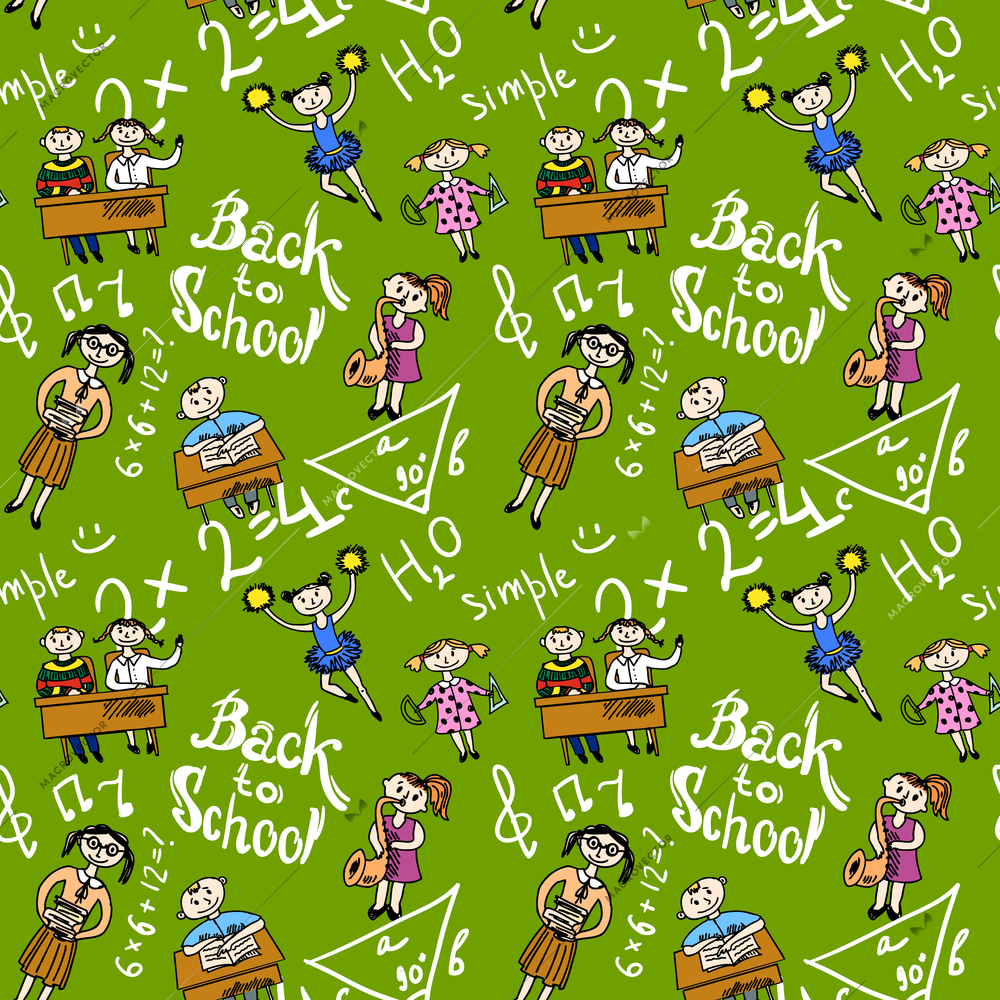 Kids cheerleading learning with school accessories background seamless doodle sketch pattern vector illustration