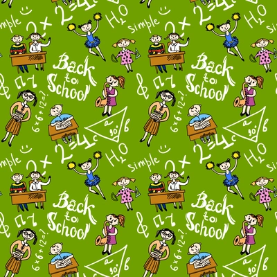 Kids cheerleading learning with school accessories background seamless doodle sketch pattern vector illustration