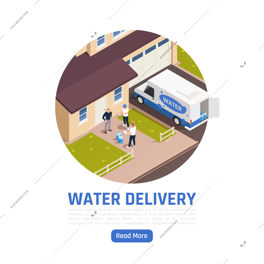 Water delivery isometric background with editable text read more button people and delivery van near living house vector illustration