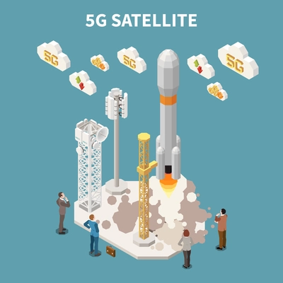 People watching 5g internet satellite launching isometric composition on blue background 3d vector illustration