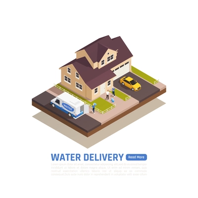 Water delivery isometric background with outdoor view of private house with people cars and delivery van vector illustration