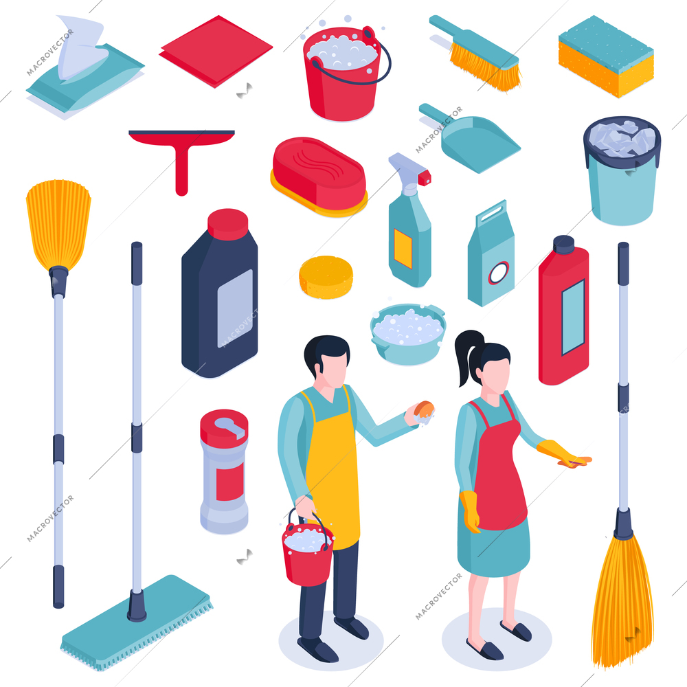 Isometric cleaning housework set with isolated images of detergents in plastic packages various equipment and people vector illustration