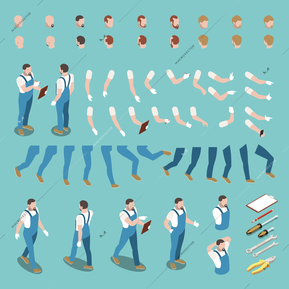 Isometric character constructor set with male heads arms legs bodies uniform and instruments isolated on blue background 3d vector illustration