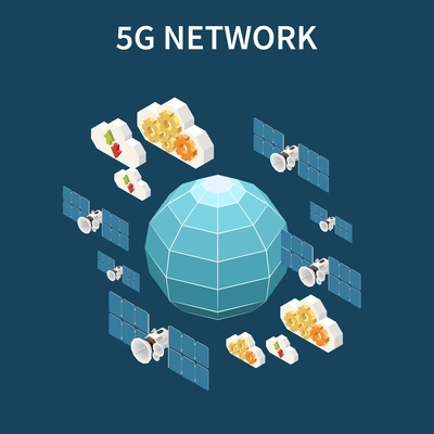 5g internet network isometric composition with 3d satellites on blue background vector illustration