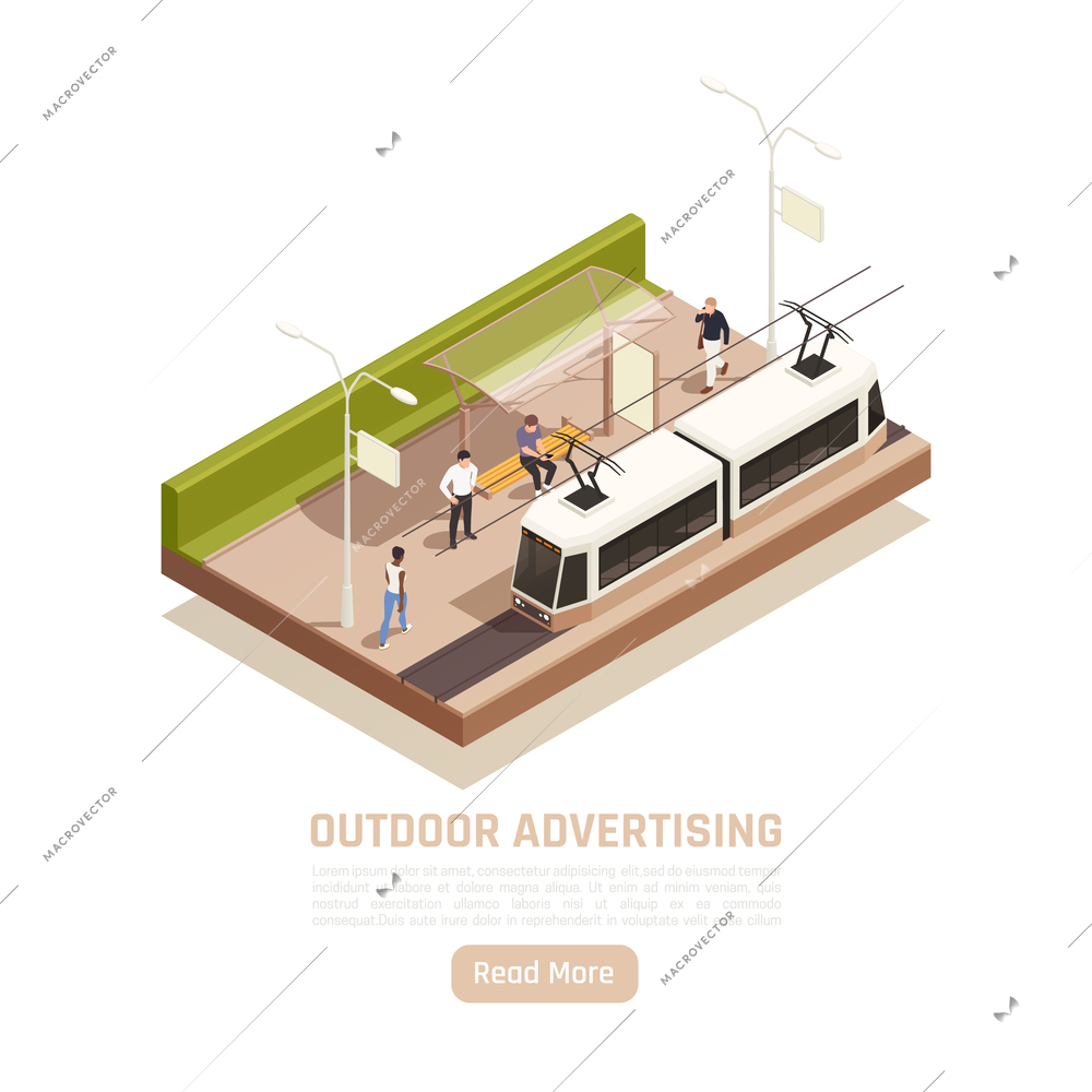 Outdoor advertisement isometric background with editable text read more button and view of city tram stop vector illustration