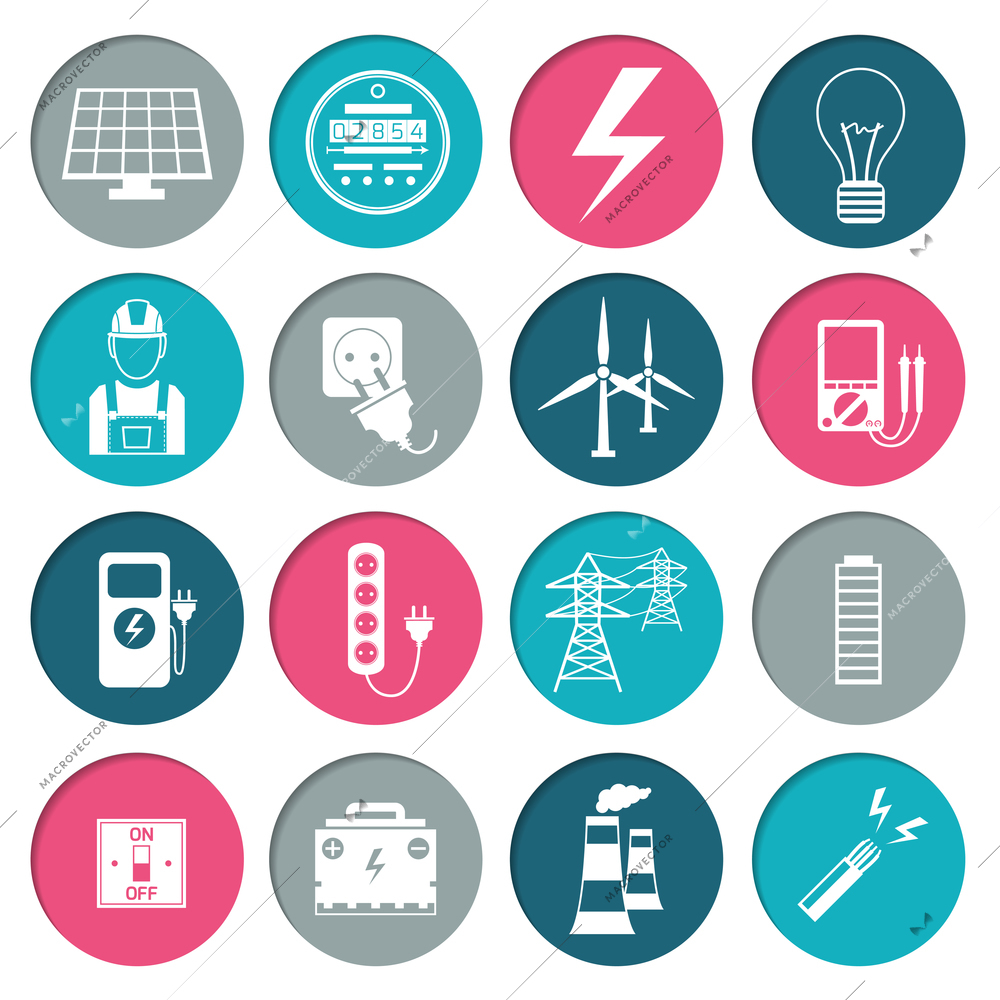 Electricity power energy icons set in white color on circles vector illustration