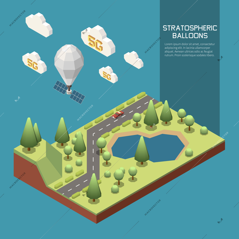 Stratospheric balloon flying and sharing modern 5g internet 3d isometric vector illustration