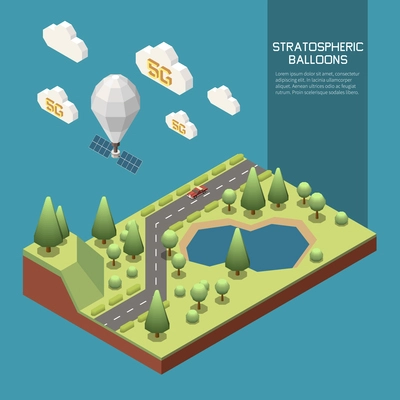 Stratospheric balloon flying and sharing modern 5g internet 3d isometric vector illustration