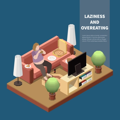 Gluttony concept with plump woman eating pizza at home 3d isometric vector illustration