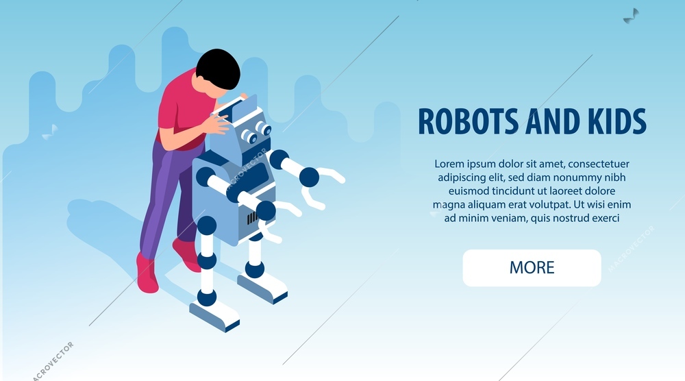 Isometric robotics kids education horizontal banner with editable text clickable more button boy and robot characters vector illustration