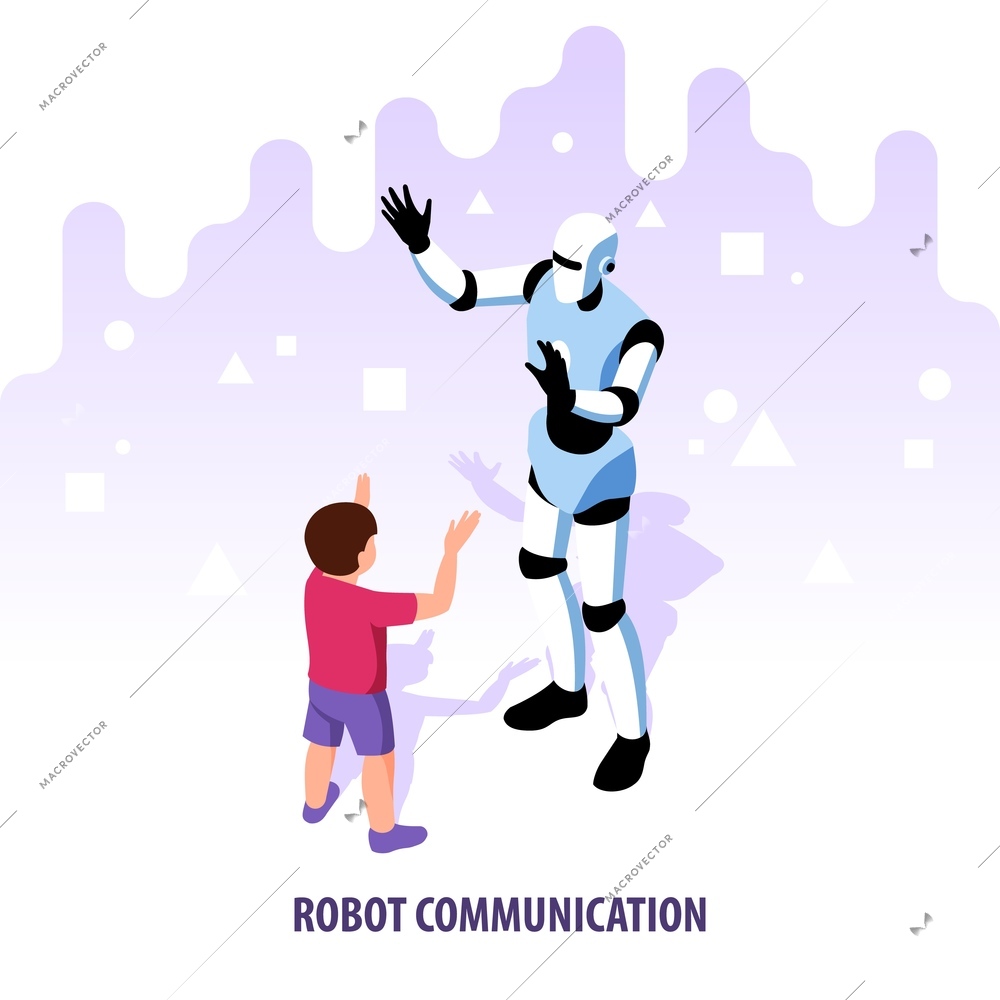 Isometric robotics kids education composition with abstract background geometric figures and characters of robot and child vector illustration