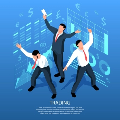 Isometric stock market exchange trading background with composition of holographic signs diagrams and traders human characters vector illustration