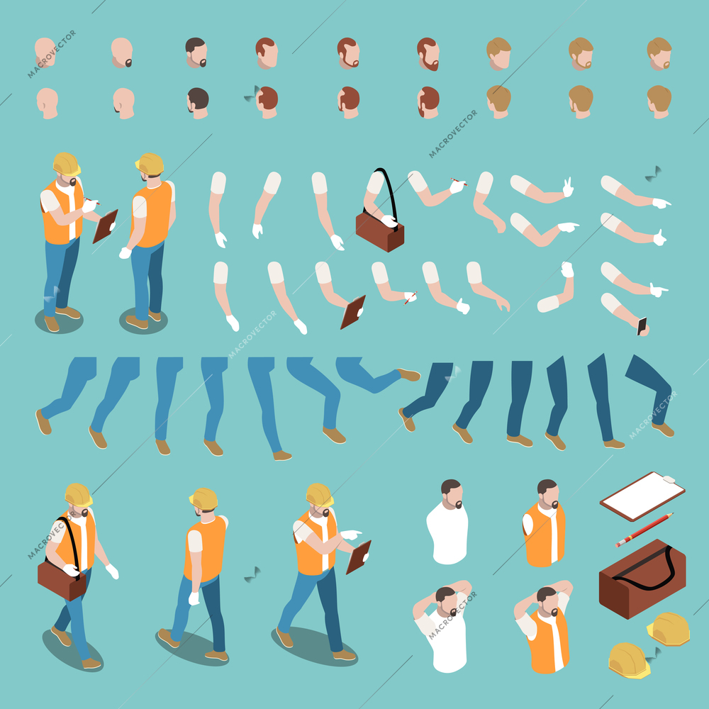 Male builder character constructor with uniform hand gestures legs hair 3d isometric isolated vector illustration