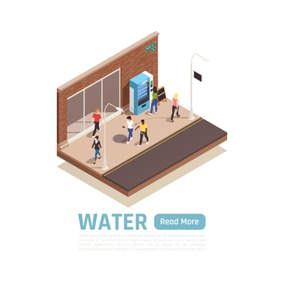 Water delivery isometric background with view of city pavement people and vending machine with water bottles vector illustration