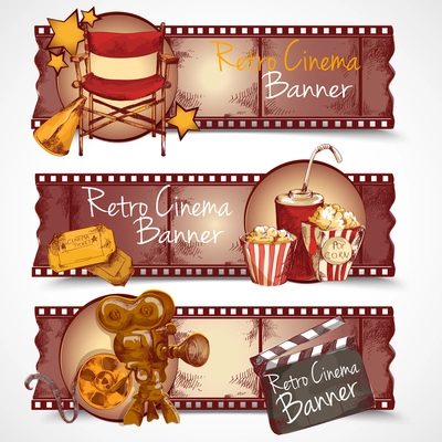 Cinema entertainment media hand drawn retro banners isolated vector illustration