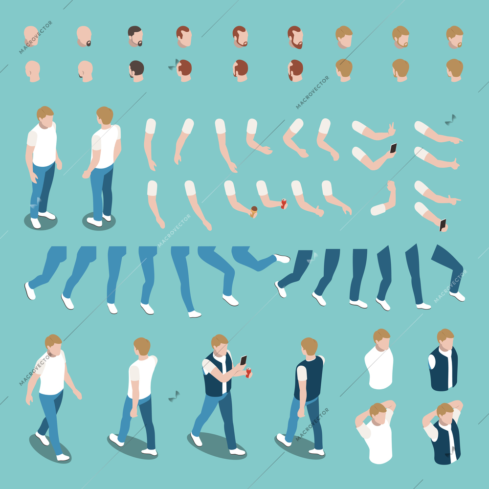 Male character constructor set with hand gestures legs haircuts beard isolated on blue background 3d isometric vector illustration