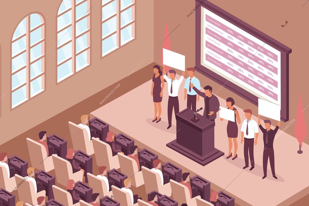 Election campaign isometric composition with indoor view of chamber hall with windows deputy seats and stage vector illustration