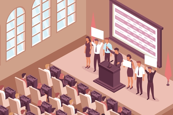 Election campaign isometric composition with indoor view of chamber hall with windows deputy seats and stage vector illustration