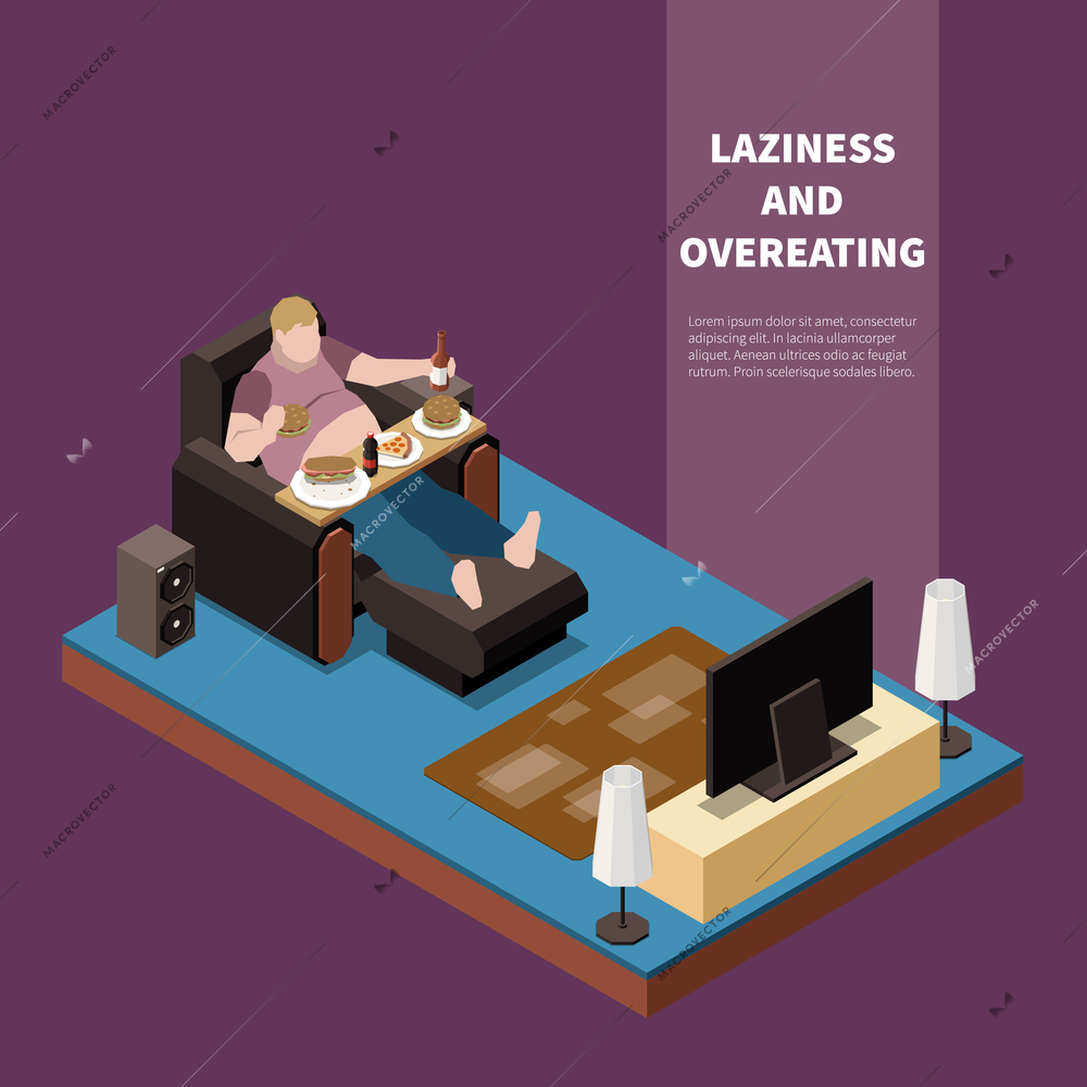 Overweight lazy man suffering from gluttony eating and drinking in front of tv 3d isometric vector illustration