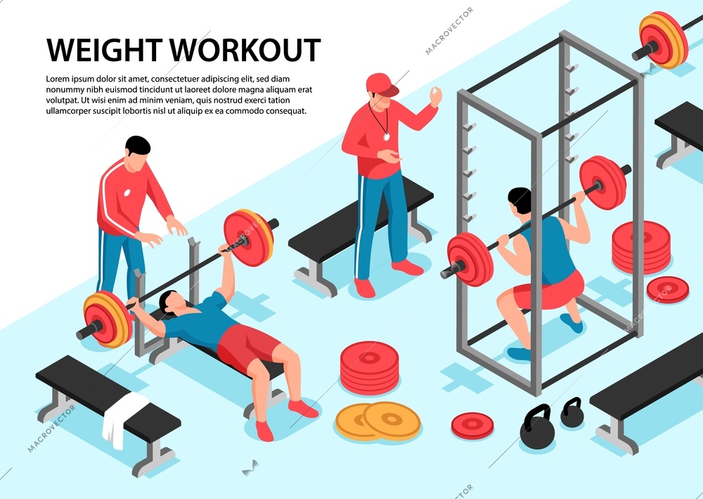 Isometric fitness sport horizontal background composition with editable text with gymnastic apparatus training specialists and sporting vector illustration