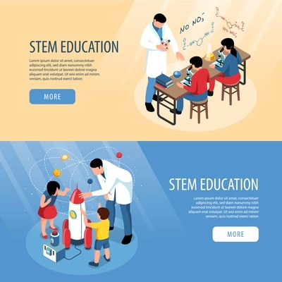 Isometric stem banners collection with images of classroom scientific experiments and human characters with editable text vector illustration