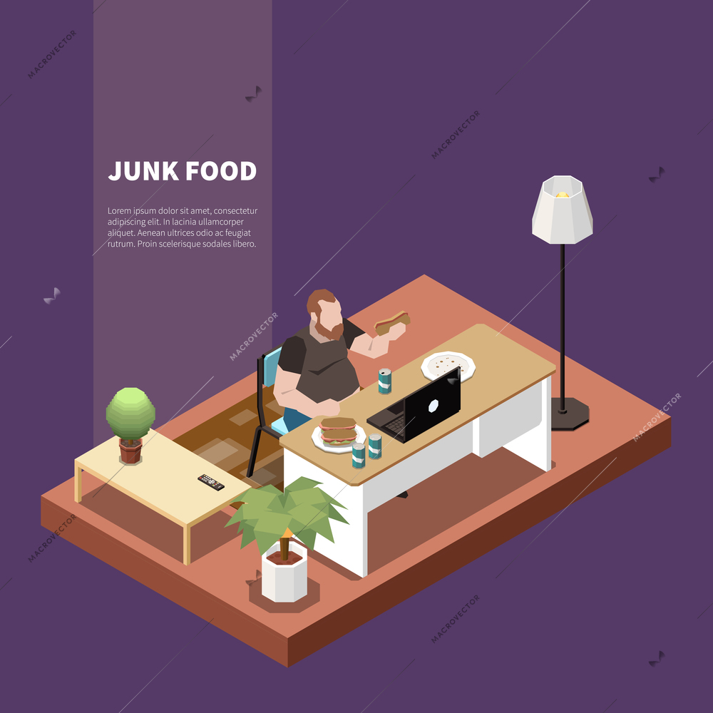 Gluttony isometric concept with man eating junk food and working on laptop 3d vector illustration