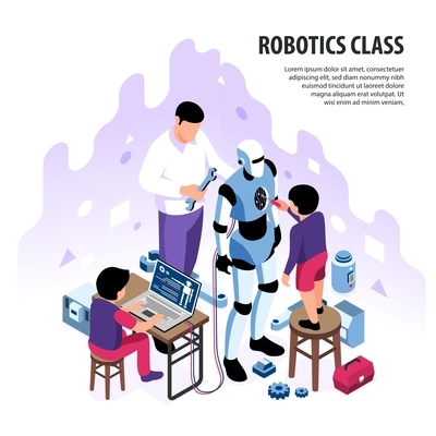 Isometric robotics kids education background composition with editable text and children with adult character building android vector illustration