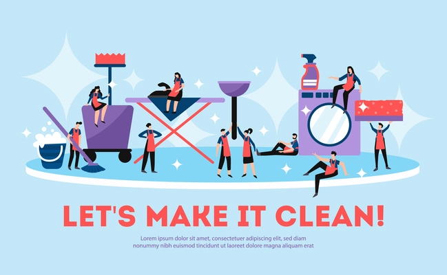 Professional cleaning service funny composition advertisement poster with team members sitting on iron board washing machine vector illustration