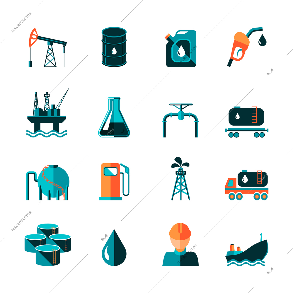 Oil industry gasoline processing symbols icons set in flat style with tanker truck petroleum can and pump isolated vector illustration