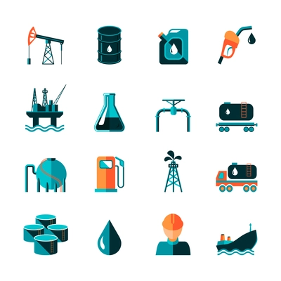 Oil industry gasoline processing symbols icons set in flat style with tanker truck petroleum can and pump isolated vector illustration