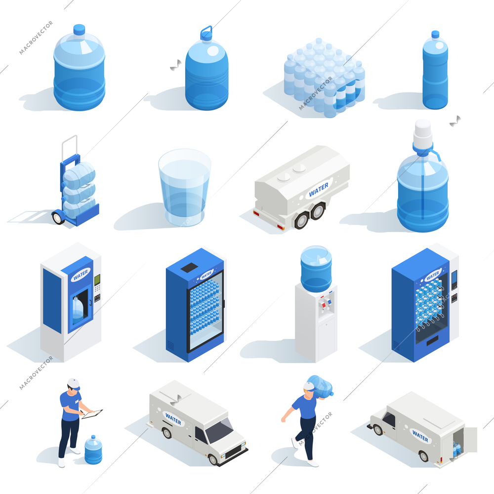 Set with water delivery isometric icons of plastic bottles boilers vending machines and characters of workers vector illustration