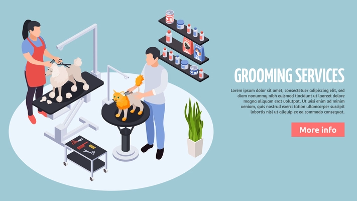 Online pet services near you info booking paying isometric landing page with stylists grooming dogs vector illustration