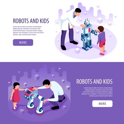 Isometric robotics kids education set of horizontal banners with more buttons editable text and human characters vector illustration
