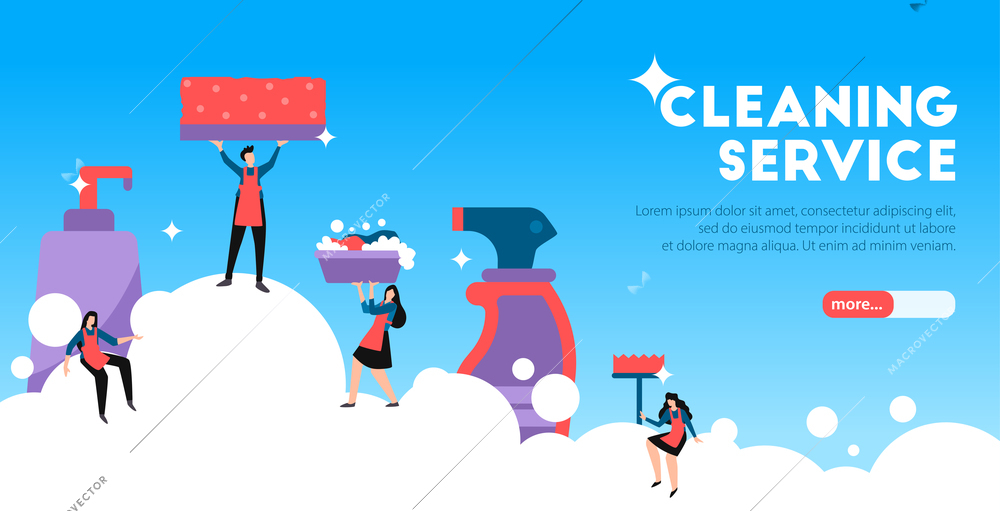 Professional cleaning service landing page horizontal banner with funny figures performing housekeeping duties blue background vector illustration