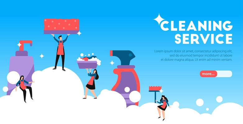 Professional cleaning service landing page horizontal banner with funny figures performing housekeeping duties blue background vector illustration