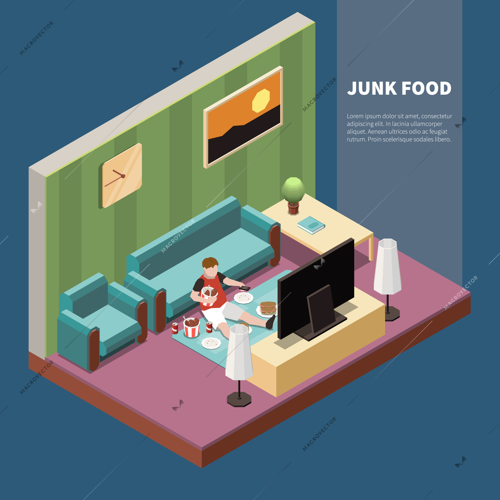 Fat guy eating junk food and watching tv gluttony 3d isometric vector illustration