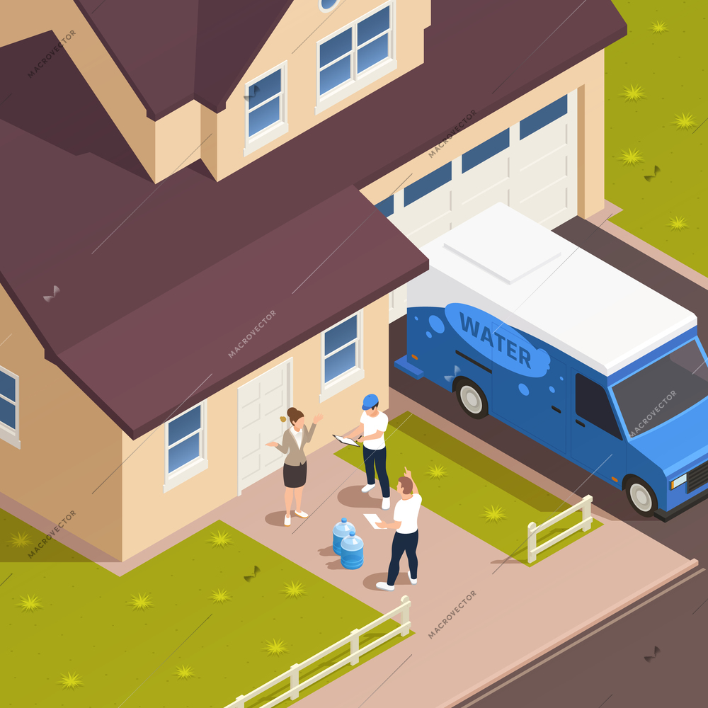 Water delivery isometric outdoor composition with entrance to living house with characters of worker and hosts vector illustration