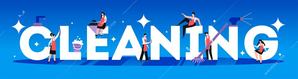 Cleaning header text lettering decorated with cleaners figures tools accessories flat cobalt blue horizontal banner vector illustration