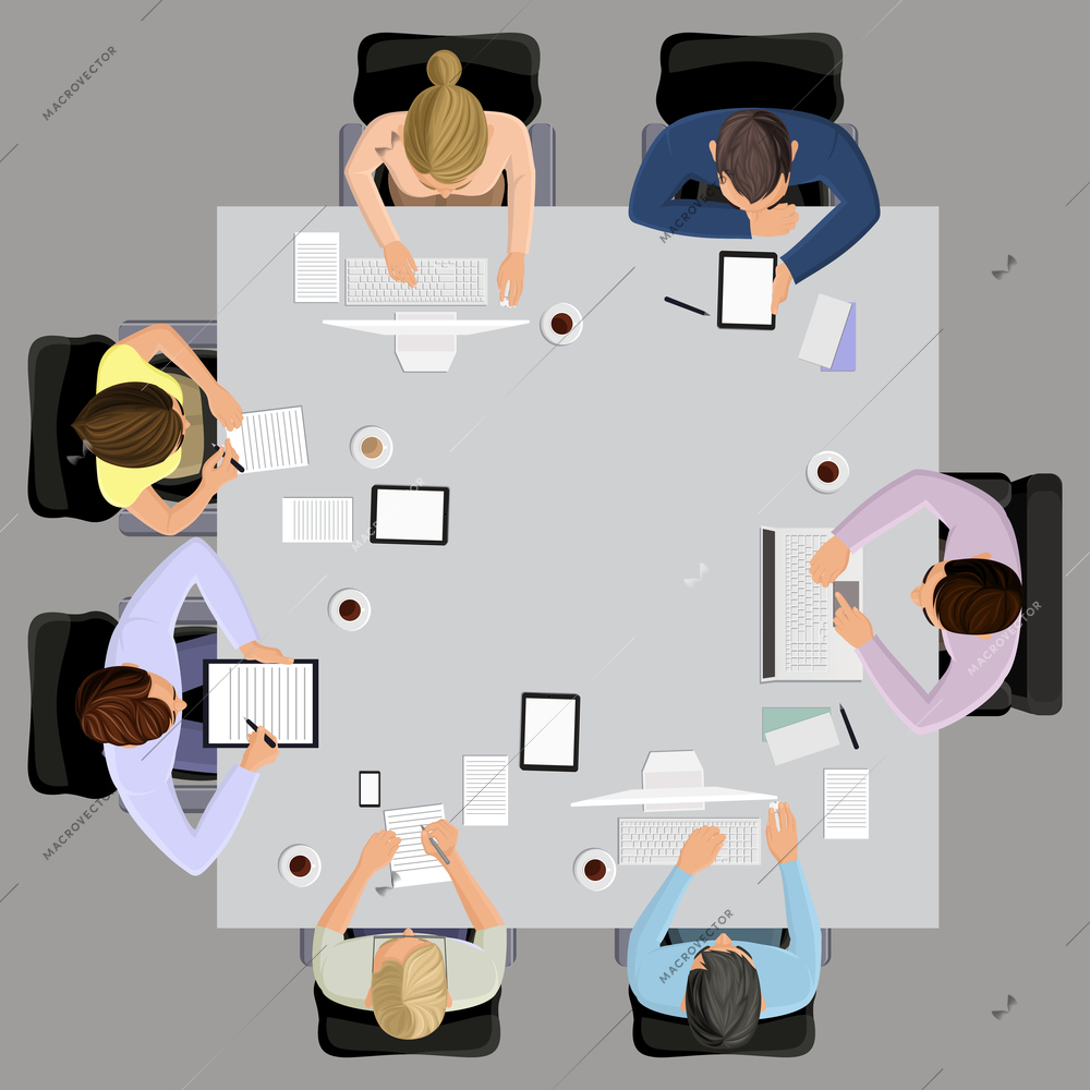 Office workers business management meeting and brainstorming on the square table in top view vector illustration