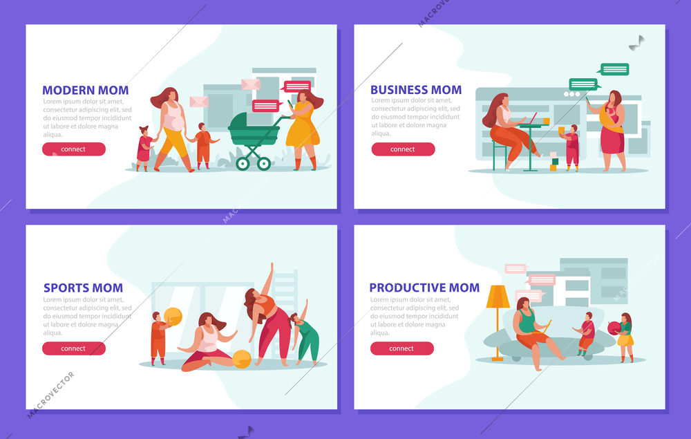 Set of four flat motherhood banners with modern productive moms and their kids isolated vector illustration