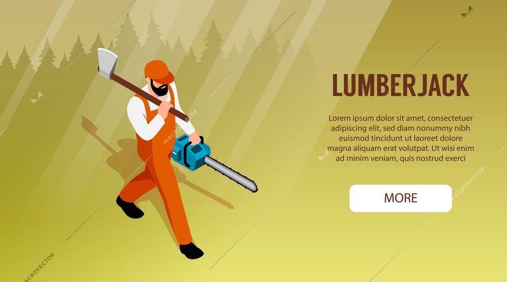 Isometric sawmill woodworking horizontal banner with forest silhouette background and human character of lumberjack with text vector illustration